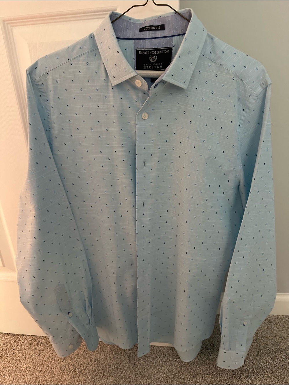 Report Collection Light Blue Modern Fit Stretch Dress Shirt with Micro Print
